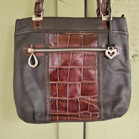 BRIGHTON Black Leather Brown Mock Croc Shoulder Bag - Picture 5 of 8